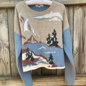 Scenic Landscape Sweater - Blue and Tan Fits Like A Large